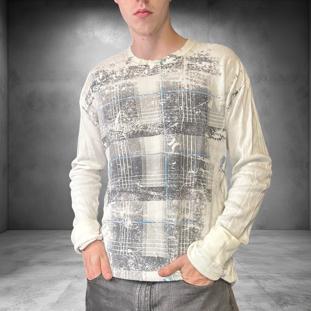 Vintage Hurley Y2K Plaid Thermal Shirt Mens XL White Waffle Knit Skater Grunge